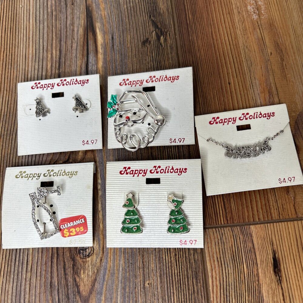 Lot (5) Christmas Brooches Earrings Happy Holidays Brand Costume Jewelry VTG